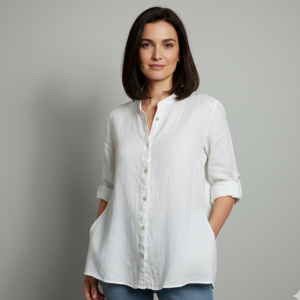 Sigrid Olsen White Linen Button-Down Shirt Lagenlook